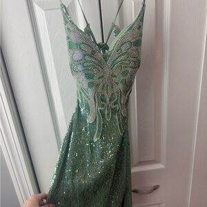 Dear Moon Spaghetti Strap Sequin Criss Cross Back Mini Dress Butterfly Beading